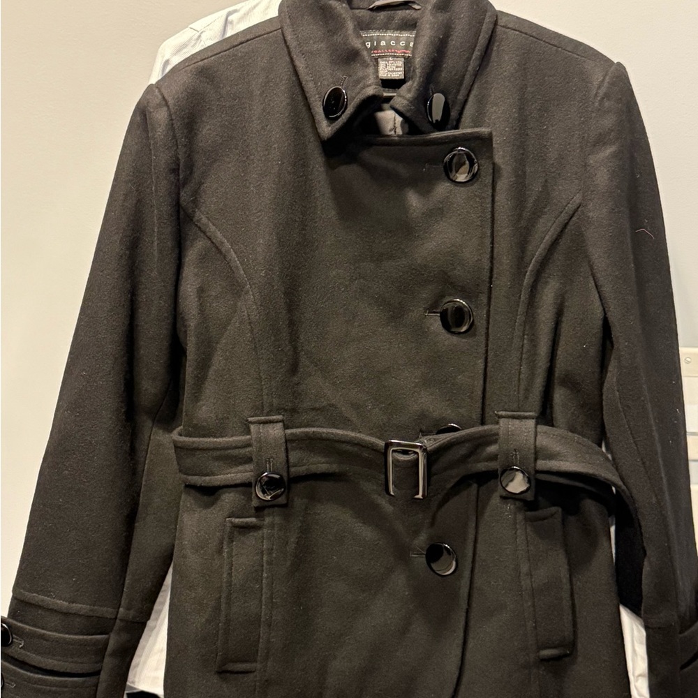 Giacca Black Pea Coat with Wide Collar and Belt